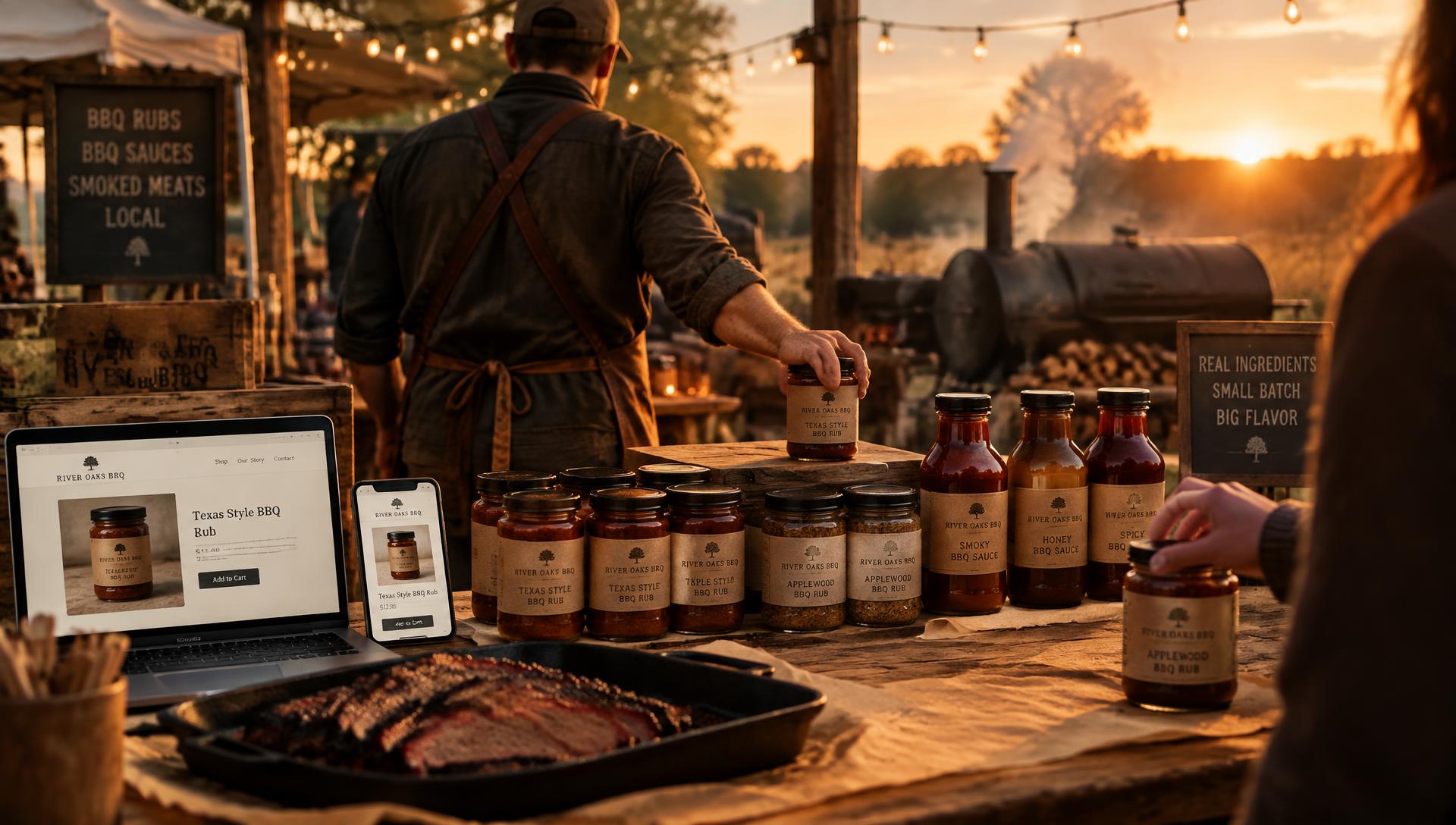 A maker at an outdoor county market booth holding a jar of rub, bottles, a laptop and phone on the table, shoppers alongside
